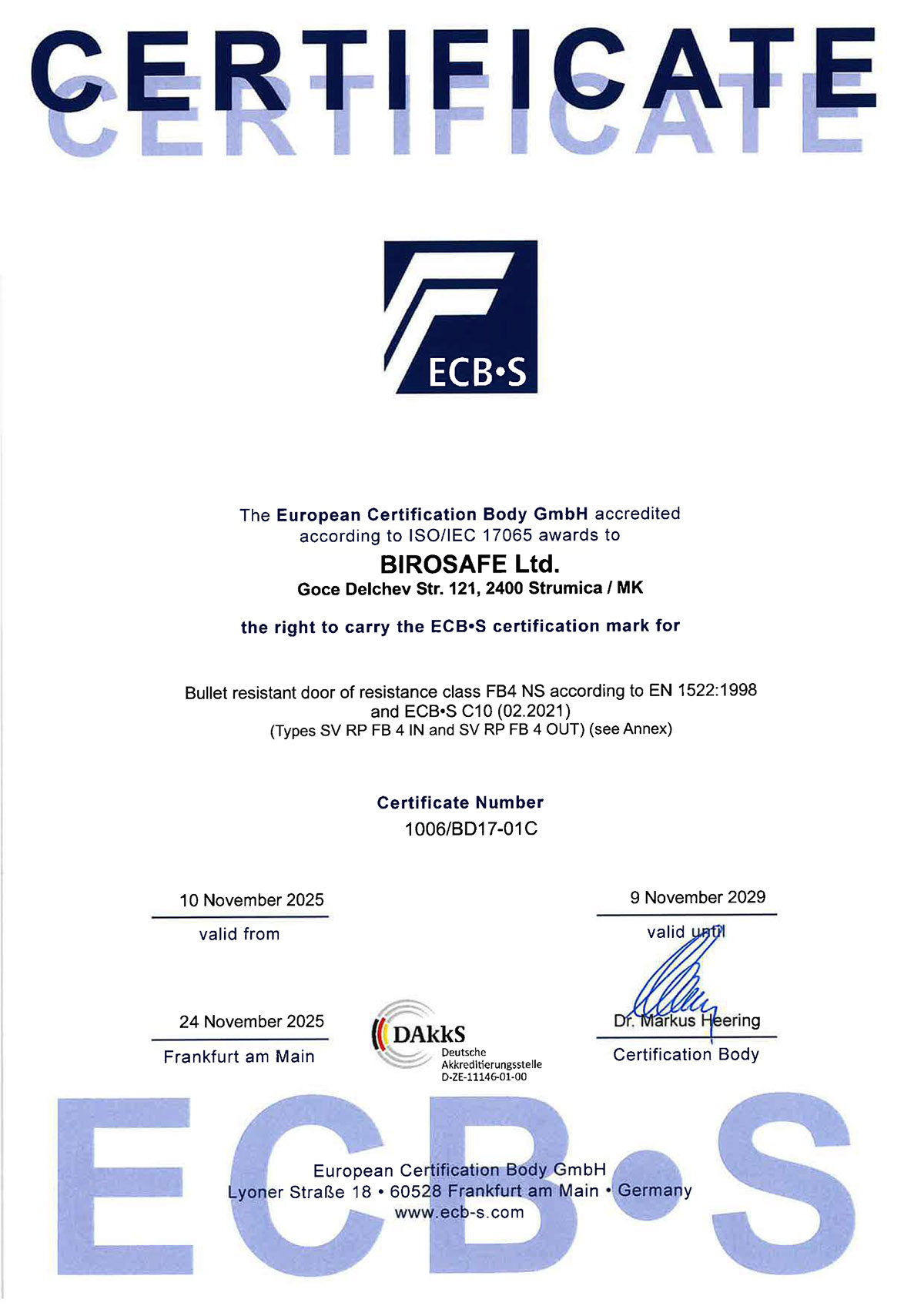 Bullet resistant door FB4 NS